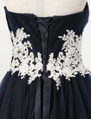 TWEED DRESS(ツイードドレス)のダークネイビーロングドレス・チュール｜TB1751-DNYのトルソー上半身背面画像です。