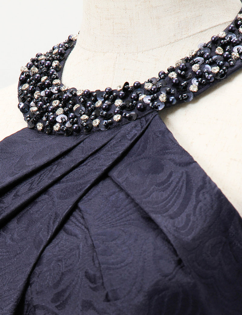 TWEED DRESS(ツイードドレス)のダークネイビーロングドレス・ジャガード｜TB1747-DNYの首周りビジュ装飾拡大画像です。