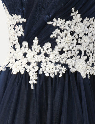 TWEED DRESS(ツイードドレス)のダークネイビーロングドレス・チュール｜TB1751-DNYの身頃レース装飾拡大画像です。