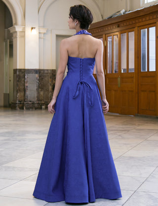 TWEED DRESS(ツイードドレス)のロイヤルブルーロングドレス・ジャガード｜TB1747-RBLの全身背面画像です。