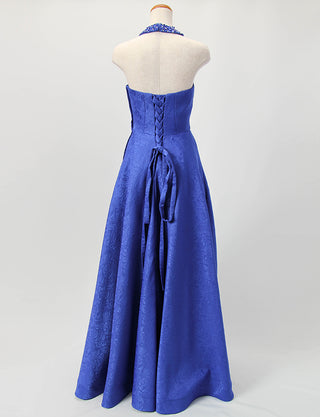 TWEED DRESS(ツイードドレス)のロイヤルブルーロングドレス・ジャガード｜TB1747-RBLのトルソー全身背面画像です。
