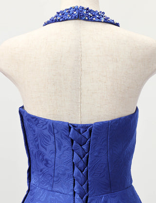 TWEED DRESS(ツイードドレス)のロイヤルブルーロングドレス・ジャガード｜TB1747-RBLのトルソー上半身背面画像です。