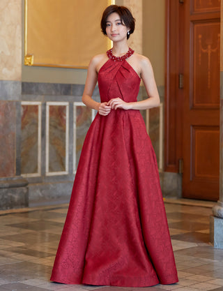 TWEED DRESS(ツイードドレス)のワインレッドロングドレス・ジャガード｜TB1747-WRDの全身正面画像です。