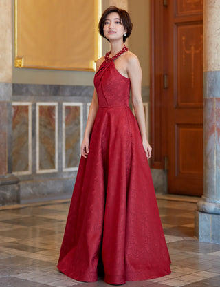 TWEED DRESS(ツイードドレス)のワインレッドロングドレス・ジャガード｜TB1747-WRDの全身斜め画像です。