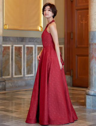 TWEED DRESS(ツイードドレス)のワインレッドロングドレス・ジャガード｜TB1747-WRDの全身側面画像です。