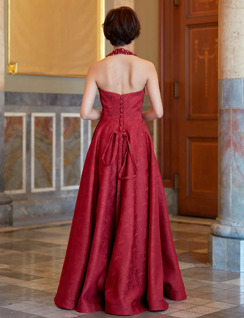 TWEED DRESS(ツイードドレス)のワインレッドロングドレス・ジャガード｜TB1747-WRDの全身背面画像です。