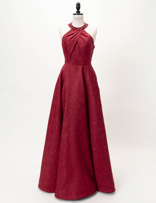 TWEED DRESS(ツイードドレス)のワインレッドロングドレス・ジャガード｜TB1747-WRDのトルソー全身正面画像です。