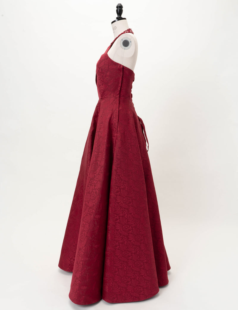 TWEED DRESS(ツイードドレス)のワインレッドロングドレス・ジャガード｜TB1747-WRDのトルソー全身側面画像です。