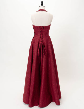 TWEED DRESS(ツイードドレス)のワインレッドロングドレス・ジャガード｜TB1747-WRDのトルソー全身背面画像です。