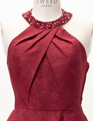 TWEED DRESS(ツイードドレス)のワインレッドロングドレス・ジャガード｜TB1747-WRDのトルソー上半身正面画像です。