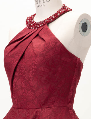 TWEED DRESS(ツイードドレス)のワインレッドロングドレス・ジャガード｜TB1747-WRDのトルソー上半身斜め画像です。