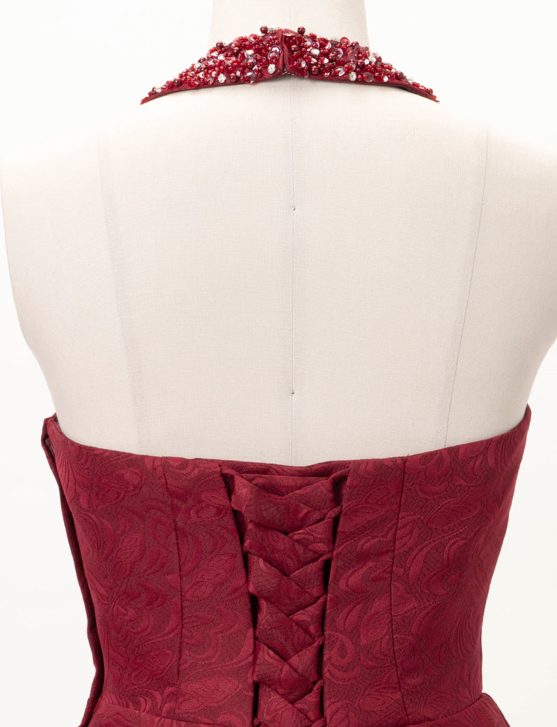 TWEED DRESS(ツイードドレス)のワインレッドロングドレス・ジャガード｜TB1747-WRDのトルソー上半身背面画像です。