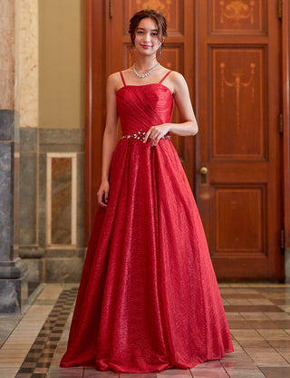 TWEED DRESS(ツイードドレス)のワインレッドロングドレス・チュール｜TB1760-WRDの全身正面ストラップ着用画像です。