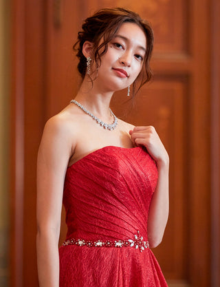 TWEED DRESS(ツイードドレス)のワインレッドロングドレス・チュール｜TB1760-WRDの上半身斜め画像です。