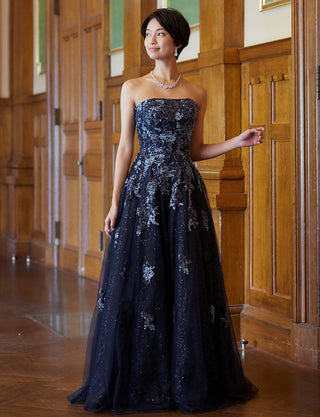 TWEED DRESS(ツイードドレス)のダークネイビーロングドレス・チュール｜TB1763-1-DNYの全身正面画像です。