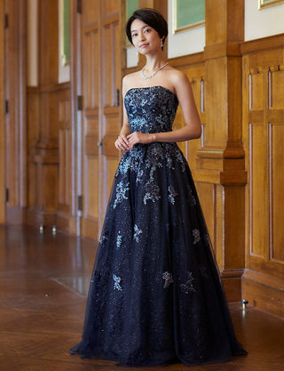 TWEED DRESS(ツイードドレス)のダークネイビーロングドレス・チュール｜TB1763-1-DNYの全身斜め画像です。