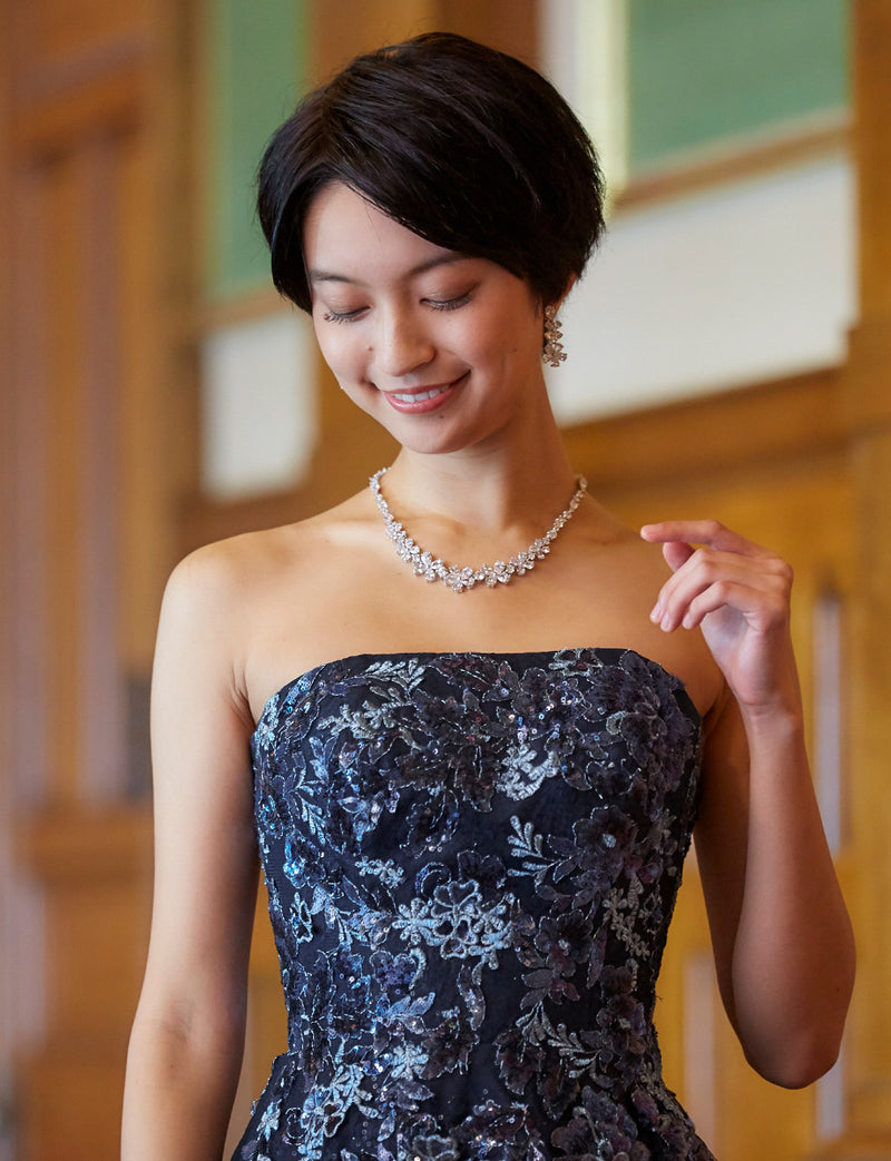 TWEED DRESS(ツイードドレス)のダークネイビーロングドレス・チュール｜TB1763-1-DNYの上半身正面画像です。