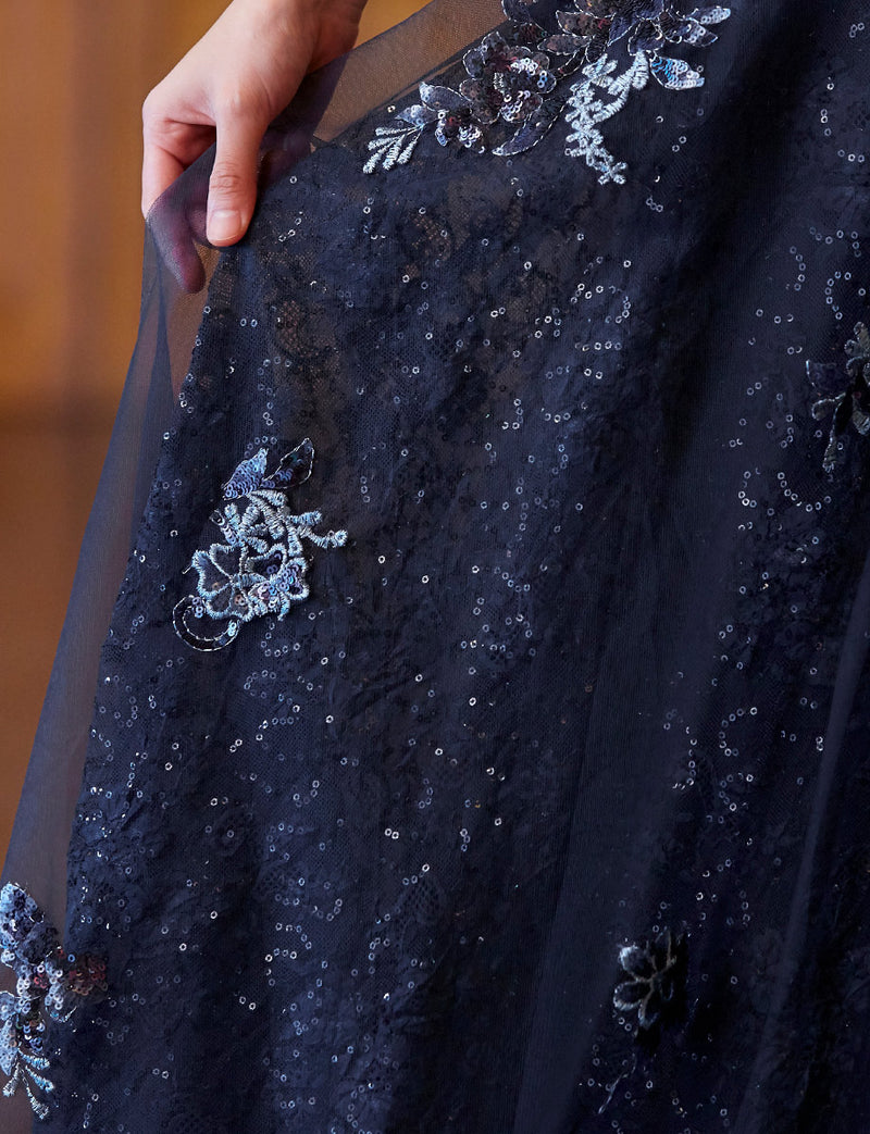 TWEED DRESS(ツイードドレス)のダークネイビーロングドレス・チュール｜TB1763-1-DNYのスカート拡大画像です。