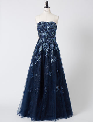 TWEED DRESS(ツイードドレス)のダークネイビーロングドレス・チュール｜TB1763-1-DNYのトルソー全身正面画像です。