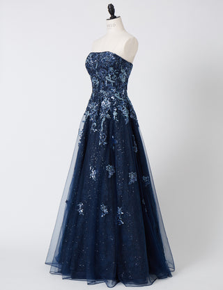 TWEED DRESS(ツイードドレス)のダークネイビーロングドレス・チュール｜TB1763-1-DNYのトルソー全身斜め画像です。