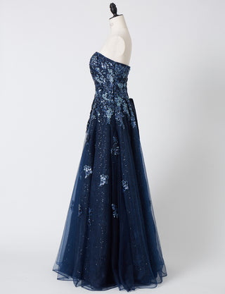 TWEED DRESS(ツイードドレス)のダークネイビーロングドレス・チュール｜TB1763-1-DNYのトルソー全身側面画像です。