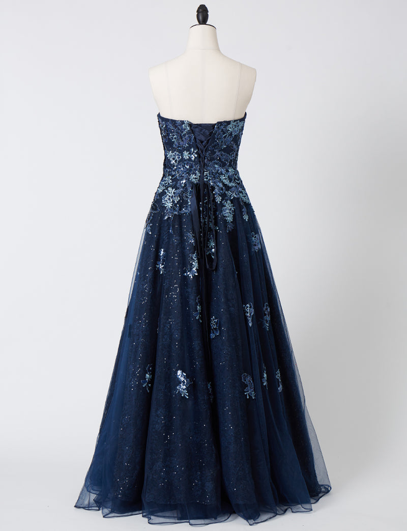 TWEED DRESS(ツイードドレス)のダークネイビーロングドレス・チュール｜TB1763-1-DNYのトルソー全身背面画像です。