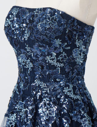 TWEED DRESS(ツイードドレス)のダークネイビーロングドレス・チュール｜TB1763-1-DNYのトルソー上半身斜め画像です。