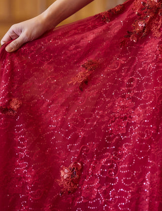 TWEED DRESS(ツイードドレス)のダークレッドロングドレス・チュール｜TB1763-1-DRDのスカート拡大画像です。