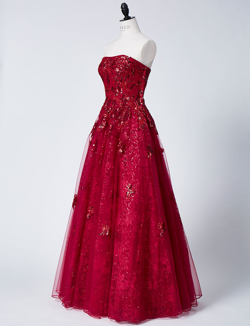 TWEED DRESS(ツイードドレス)のダークレッドロングドレス・チュール｜TB1763-1-DRDのトルソー全身斜め画像です。