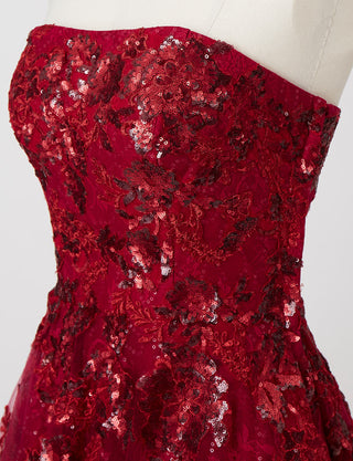 TWEED DRESS(ツイードドレス)のダークレッドロングドレス・チュール｜TB1763-1-DRDのトルソー上半身斜め画像です。