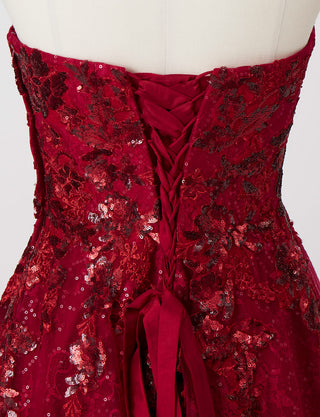 TWEED DRESS(ツイードドレス)のダークレッドロングドレス・チュール｜TB1763-1-DRDのトルソー上半身背面画像です。