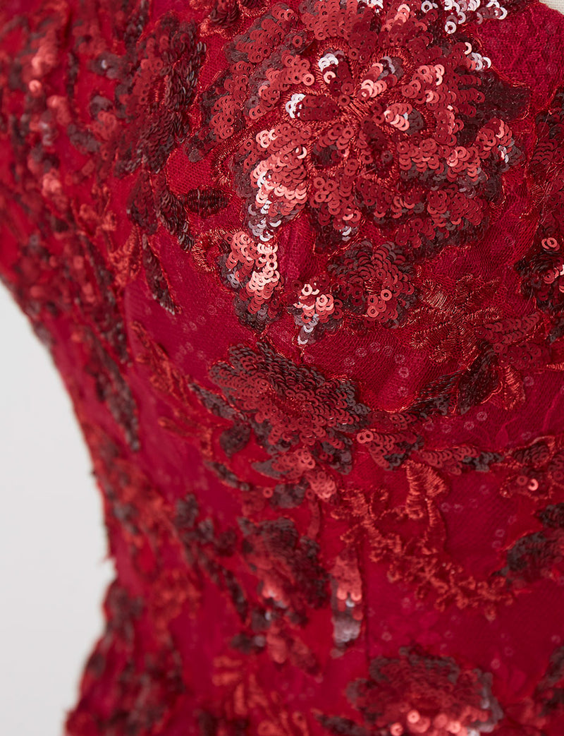 TWEED DRESS(ツイードドレス)のダークレッドロングドレス・チュール｜TB1763-1-DRDの上半身装飾拡大画像です。