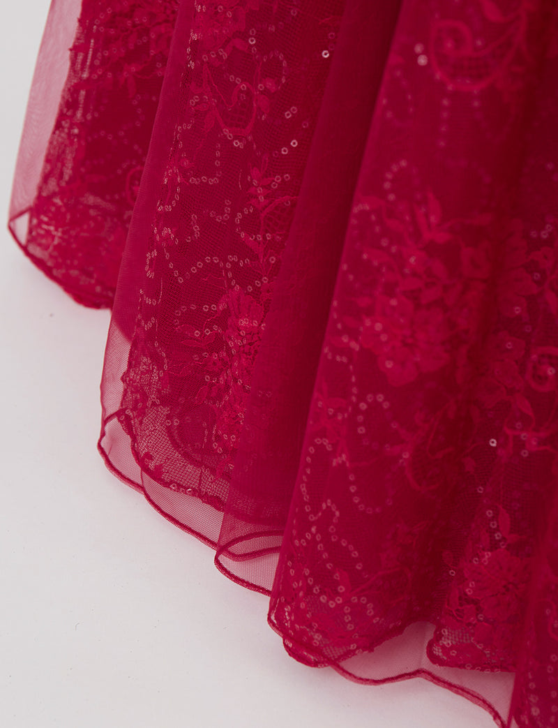 TWEED DRESS(ツイードドレス)のダークレッドロングドレス・チュール｜TB1763-1-DRDのスカート裾拡大画像です。