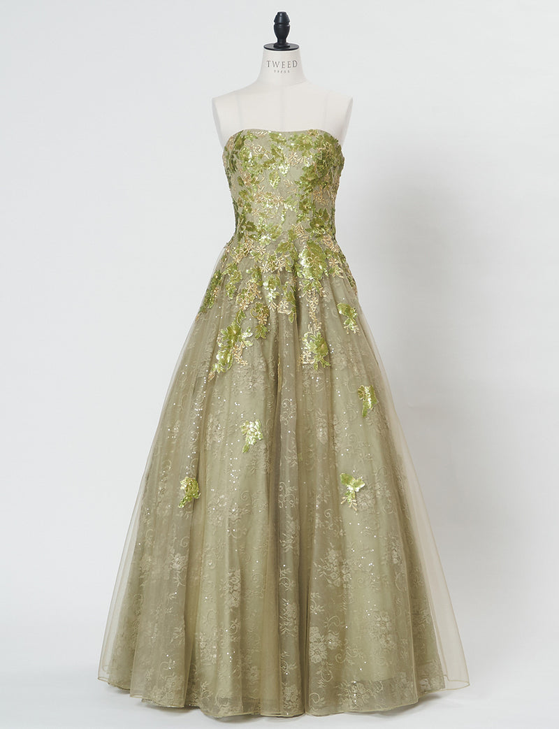 TWEED DRESS(ツイードドレス)のグリーンゴールドロングドレス・チュール｜TB1763-1-GNGDのトルソー全身正面画像です。