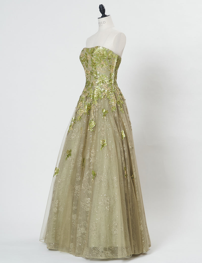 TWEED DRESS(ツイードドレス)のグリーンゴールドロングドレス・チュール｜TB1763-1-GNGDのトルソー全身斜め画像です。