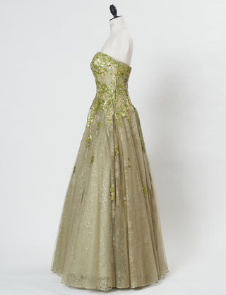 TWEED DRESS(ツイードドレス)のグリーンゴールドロングドレス・チュール｜TB1763-1-GNGDのトルソー全身側面画像です。