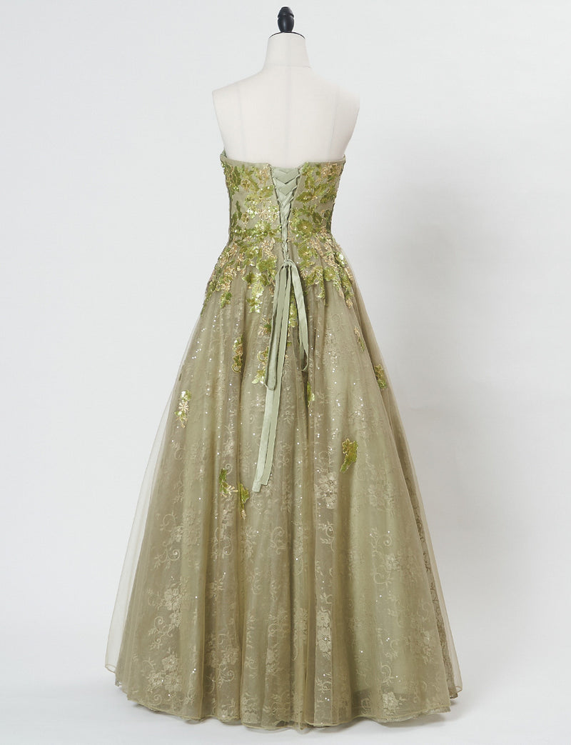TWEED DRESS(ツイードドレス)のグリーンゴールドロングドレス・チュール｜TB1763-1-GNGDのトルソー全身背面画像です。