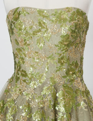 TWEED DRESS(ツイードドレス)のグリーンゴールドロングドレス・チュール｜TB1763-1-GNGDのトルソー上半身正面画像です。