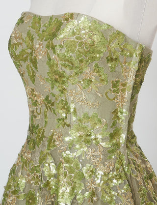 TWEED DRESS(ツイードドレス)のグリーンゴールドロングドレス・チュール｜TB1763-1-GNGDのトルソー上半身斜め画像です。