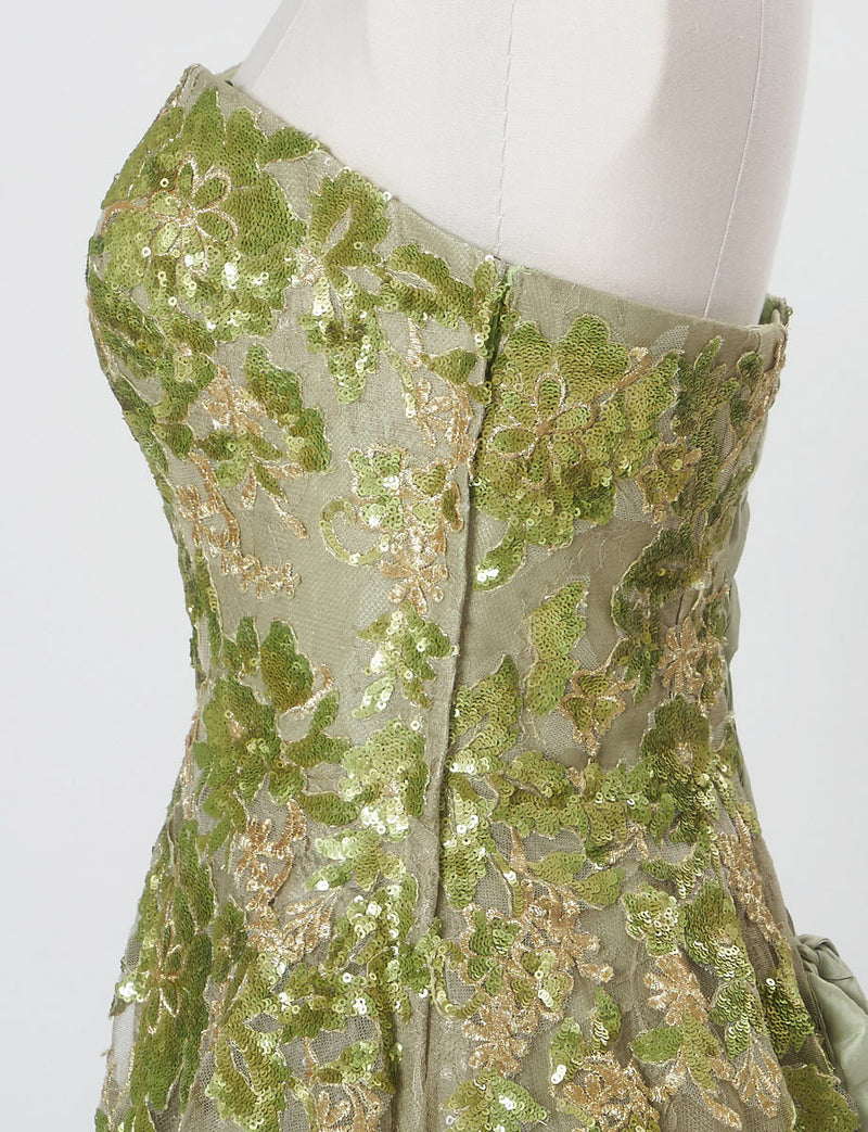 TWEED DRESS(ツイードドレス)のグリーンゴールドロングドレス・チュール｜TB1763-1-GNGDのトルソー上半身側面画像です。