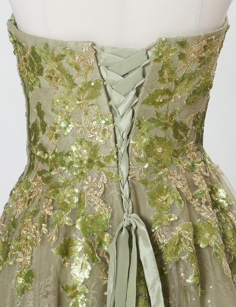 TWEED DRESS(ツイードドレス)のグリーンゴールドロングドレス・チュール｜TB1763-1-GNGDのトルソー上半身背面画像です。