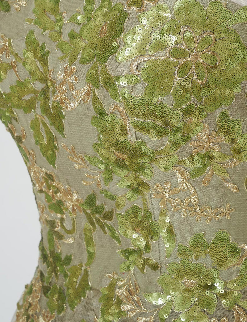 TWEED DRESS(ツイードドレス)のグリーンゴールドロングドレス・チュール｜TB1763-1-GNGDの上半身装飾拡大画像です。