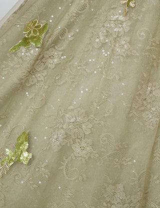 TWEED DRESS(ツイードドレス)のグリーンゴールドロングドレス・チュール｜TB1763-1-GNGDのスカート生地拡大画像です。