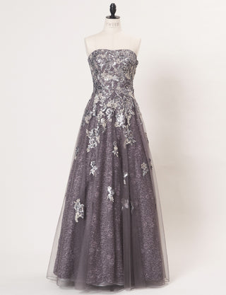 TWEED DRESS(ツイードドレス)のシルバーグレーロングドレス・チュール｜TB1763-1-SGYのトルソー全身正面画像です。