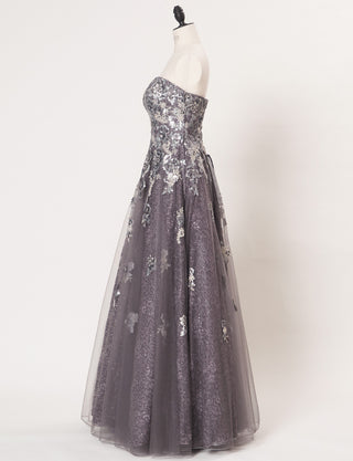 TWEED DRESS(ツイードドレス)のシルバーグレーロングドレス・チュール｜TB1763-1-SGYのトルソー全身側面画像です。