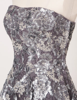 TWEED DRESS(ツイードドレス)のシルバーグレーロングドレス・チュール｜TB1763-1-SGYのトルソー上半身斜め画像です。