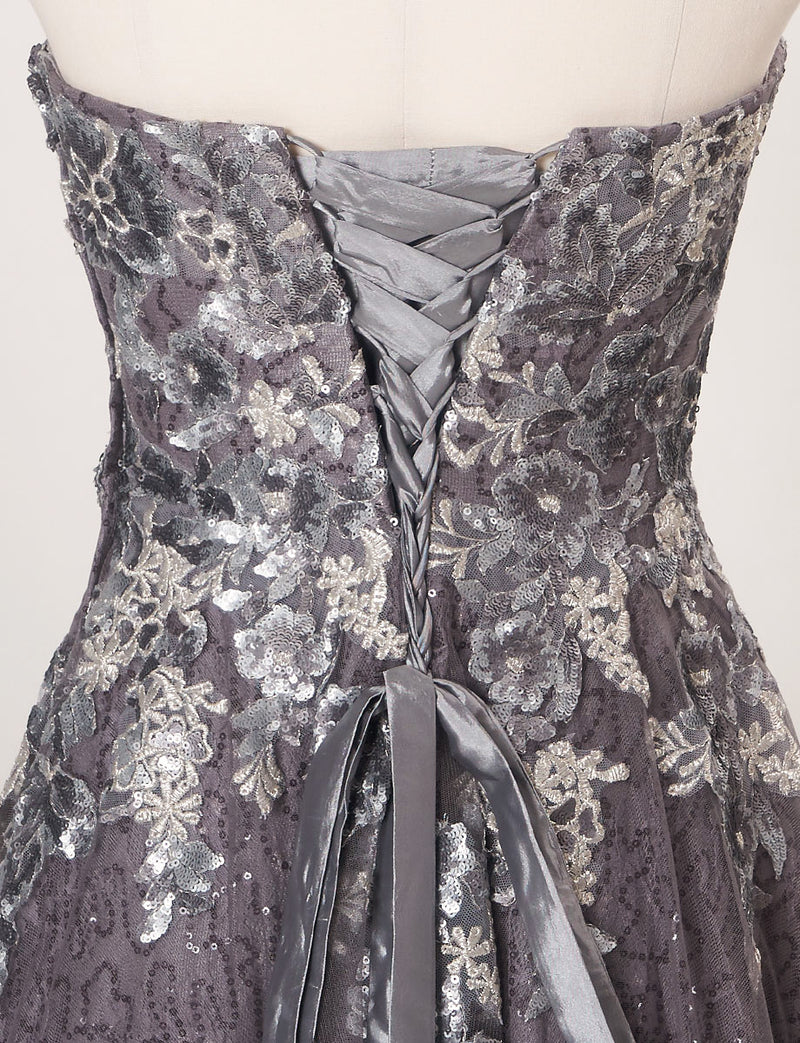 TWEED DRESS(ツイードドレス)のシルバーグレーロングドレス・チュール｜TB1763-1-SGYのトルソー上半身背面画像です。