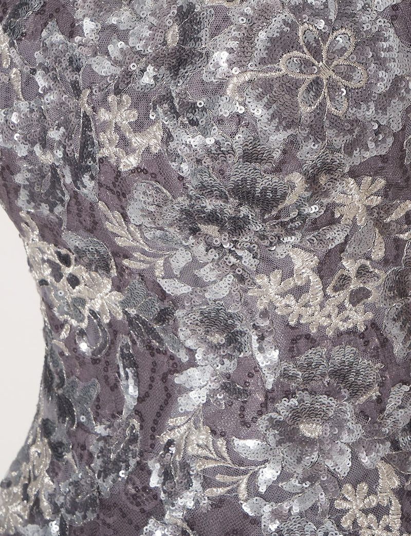 TWEED DRESS(ツイードドレス)のシルバーグレーロングドレス・チュール｜TB1763-1-SGYの上半身装飾拡大画像です。