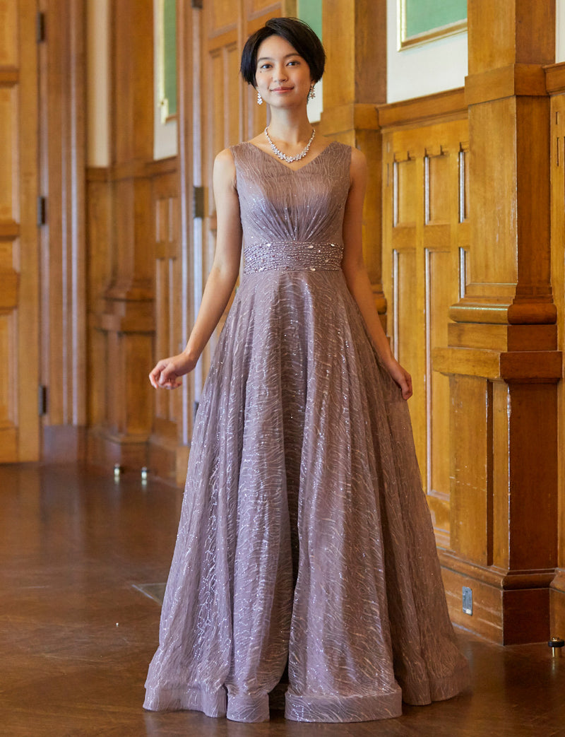 TWEED DRESS(ツイードドレス)のグレーベージュロングドレス・チュール｜TB1764-1-GBEの全身正面画像です。