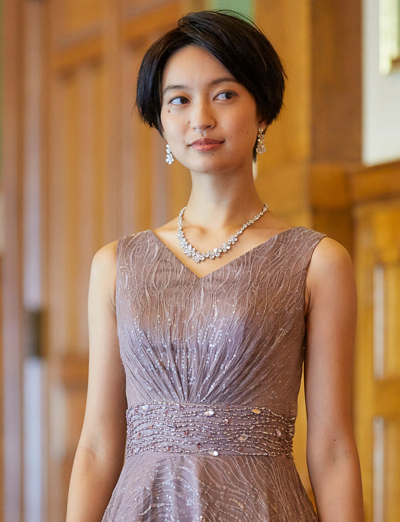 TWEED DRESS(ツイードドレス)のグレーベージュロングドレス・チュール｜TB1764-1-GBEの上半身正面画像です。